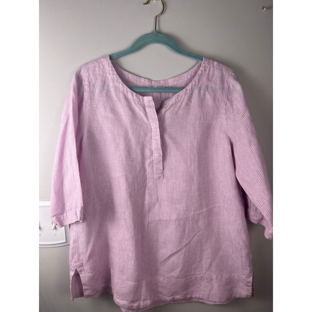 J.Jill Love Linen Pink Stripe Tunic Top Women Large 100% Linen 3/4 Sleeve - Picture 2 of 7